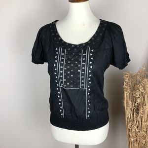 Embellished Embroidered Peasant Top Black Medium